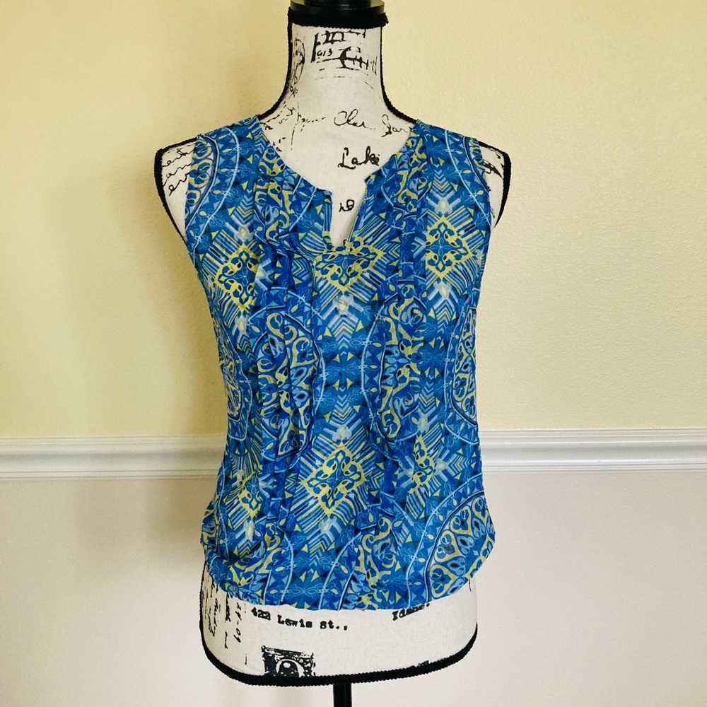 BANANA REPUBLIC BLUE & YELLOW PATTERN SEE THROUGH BLOUSE